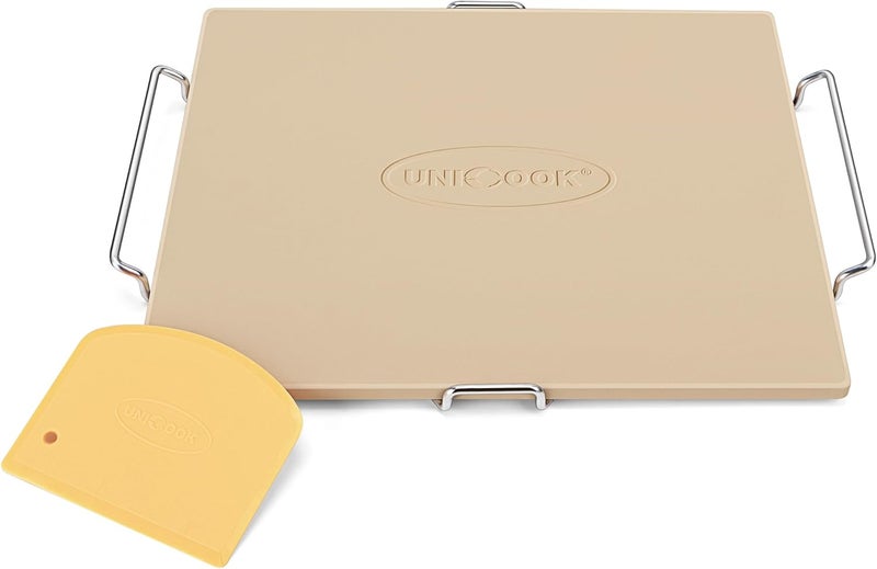 Unicook حجر بيتزا للفرن والشواية، 16 × 14 بوصة حجر خبز مستطيل للخبز، صينية بيتزا من الكورديريت لخبز الخبز المقرمش والبسكويت، تشمل حامل ونشارة عجين - Image 1